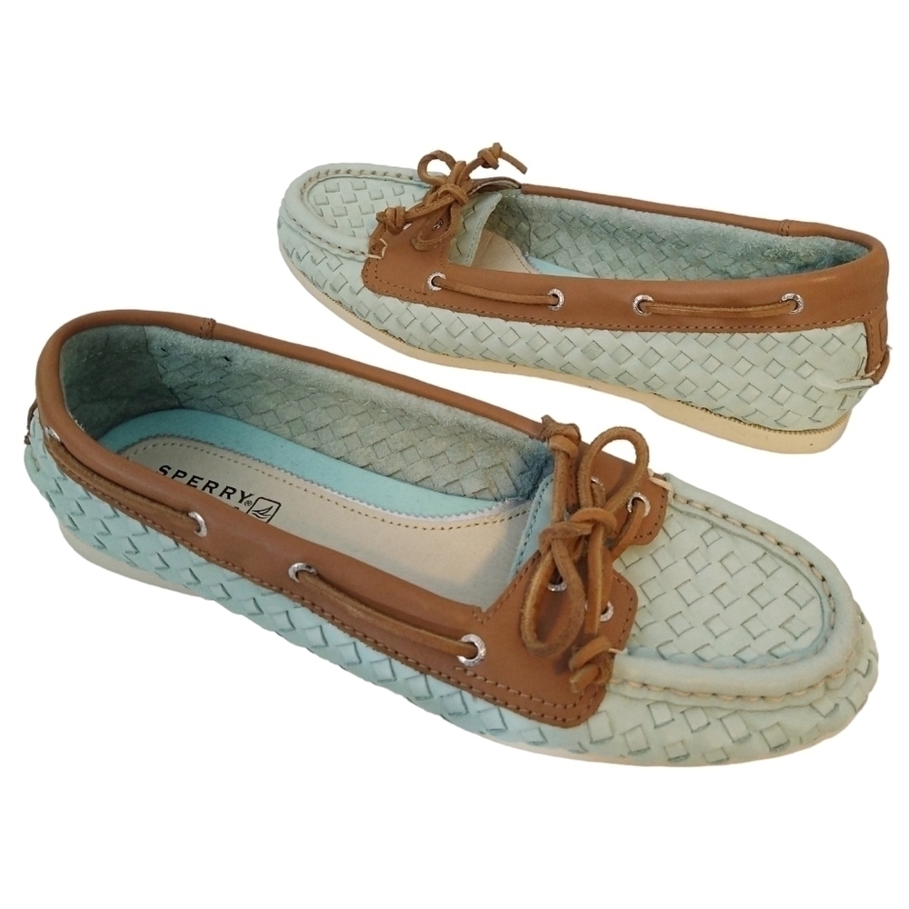 Sperry Top Sider Pale Turquoise Brown Leather Woven Boat Shoes Beachy